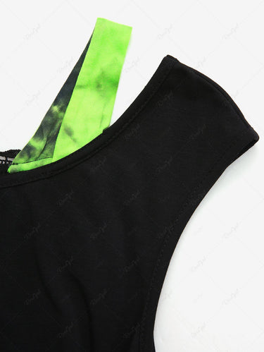 Gothic Crochet Skeleton Back Tie Dye Asymmetric 2 in 1 Top