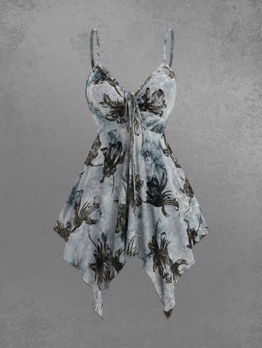 Gothic Floral Flocking Tie Dye Ombre Distressed Cinched Backless Asymmetric Handkerchief Cami Top