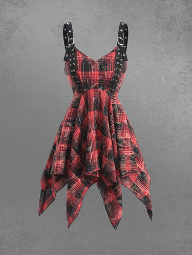 Gothic Distressed Plaid Lace Up Buckle Grommet Backless Asymmetric Handkerchief Tank Top