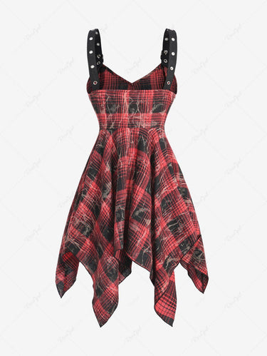 Gothic Distressed Plaid Lace Up Buckle Grommet Backless Asymmetric Handkerchief Tank Top