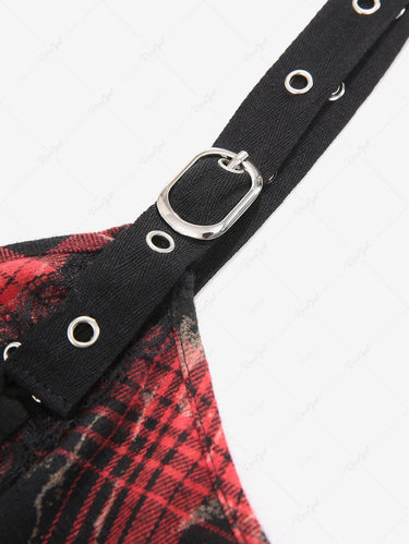 Gothic Distressed Plaid Lace Up Buckle Grommet Backless Asymmetric Handkerchief Tank Top