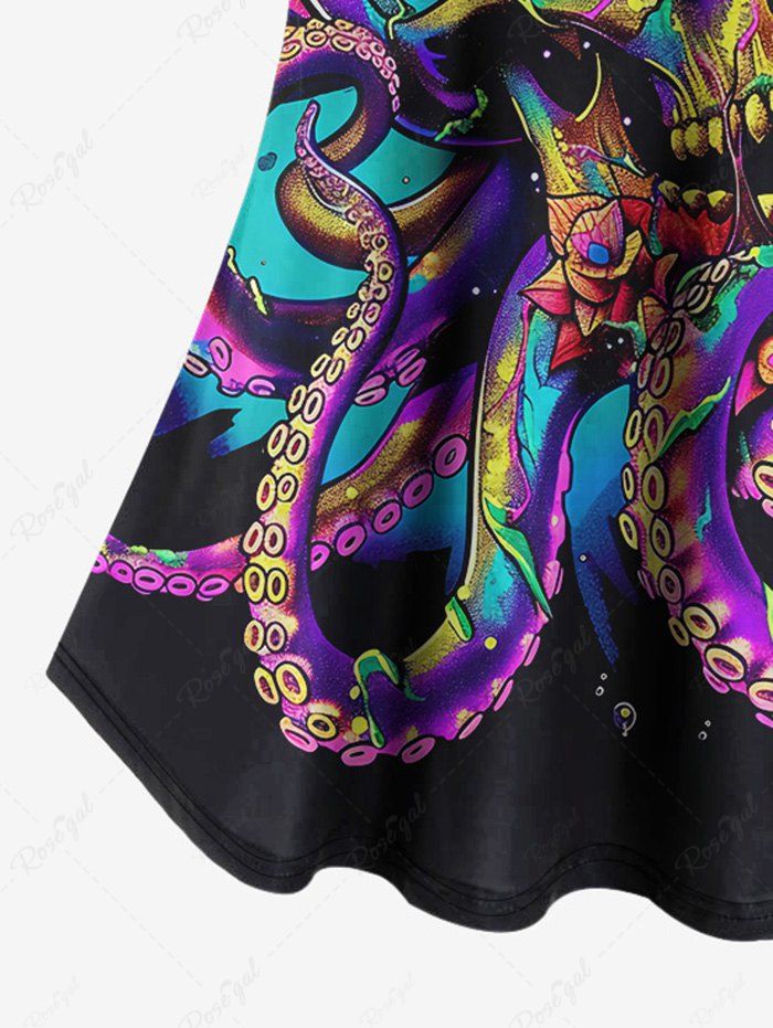Gothic Cold Shoulder Colorful Skull Octopus Print Cami T-shirt