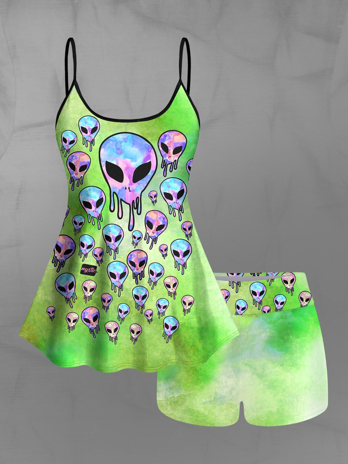 Gothic Skulls Alien Print Ombre Boyleg Tankini Swimsuit (Adjustable Shoulder Strap)