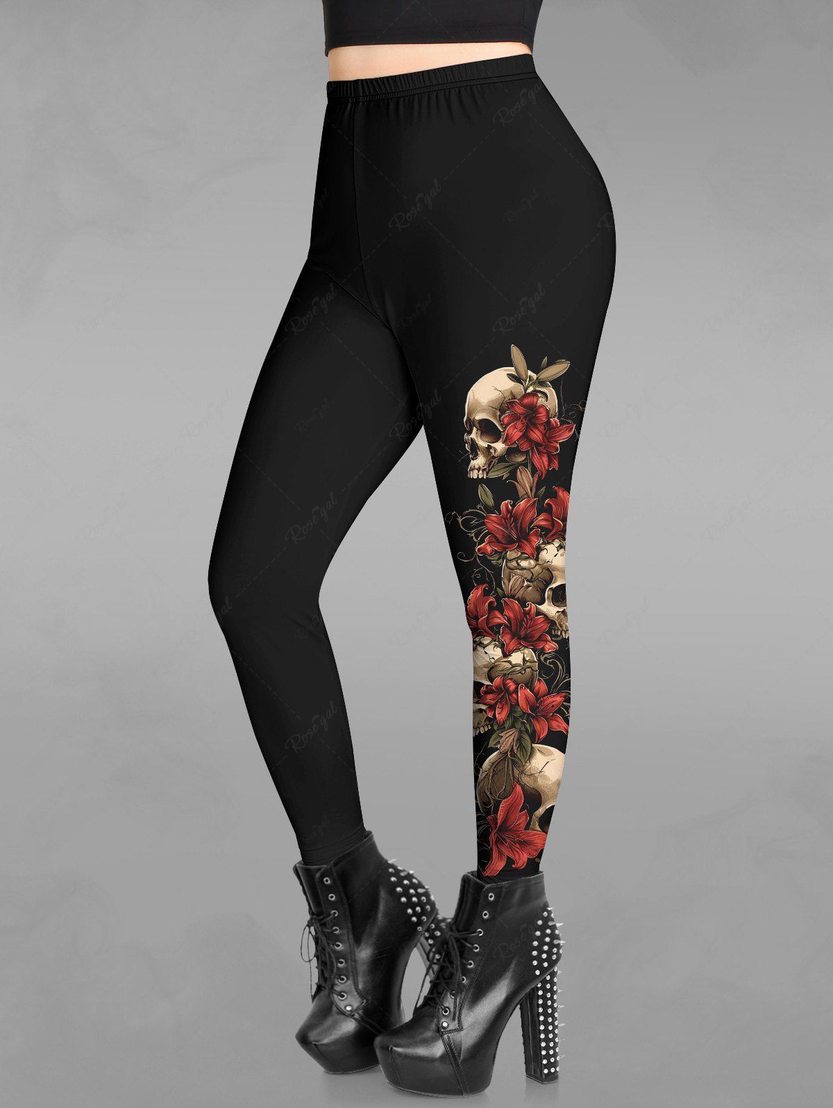 Gothic Skulls Flower Side Print Skinny Leggings