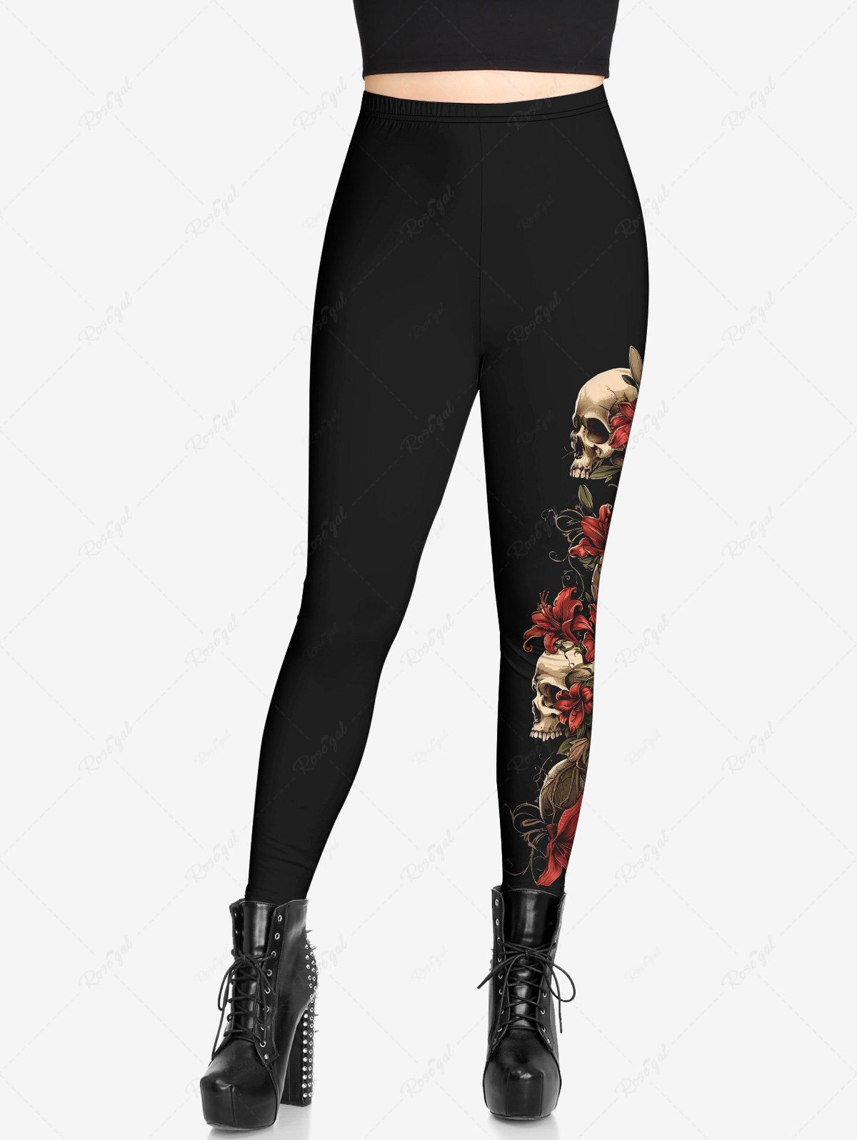 Gothic Skulls Flower Side Print Skinny Leggings
