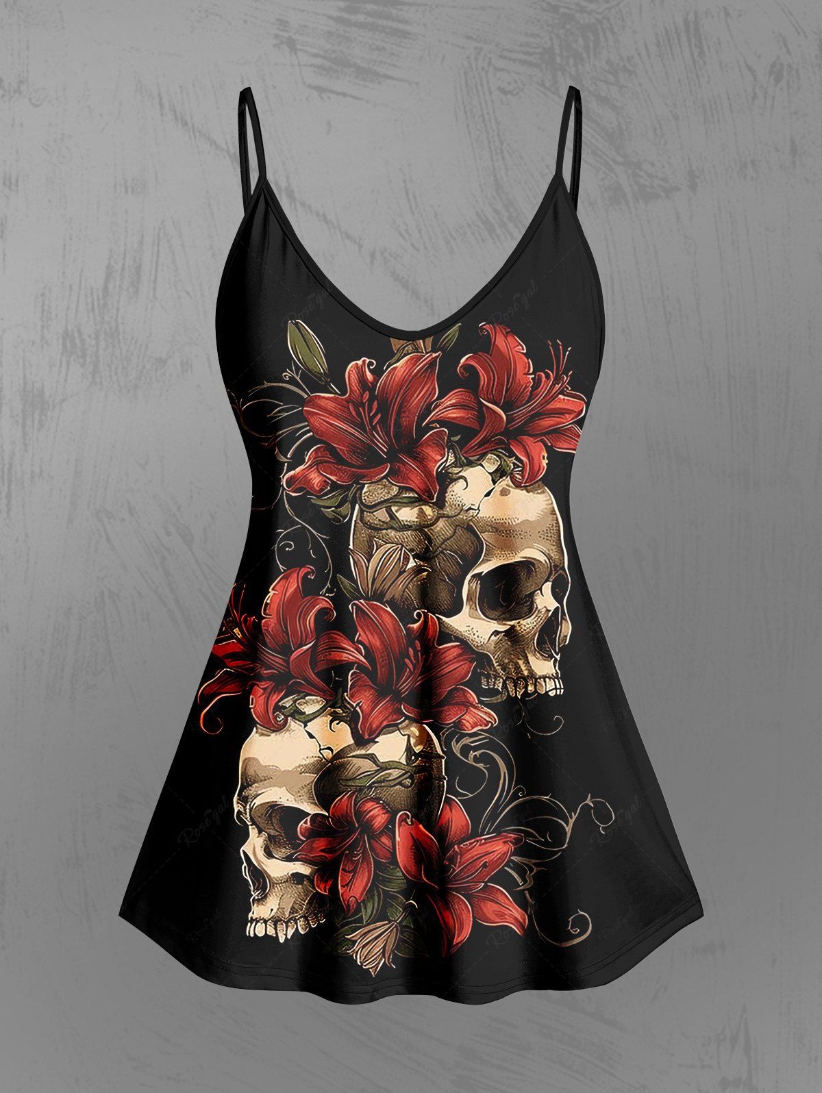 Gothic Skull Flower Print Cami Top(Adjustable Shoulder Strap)