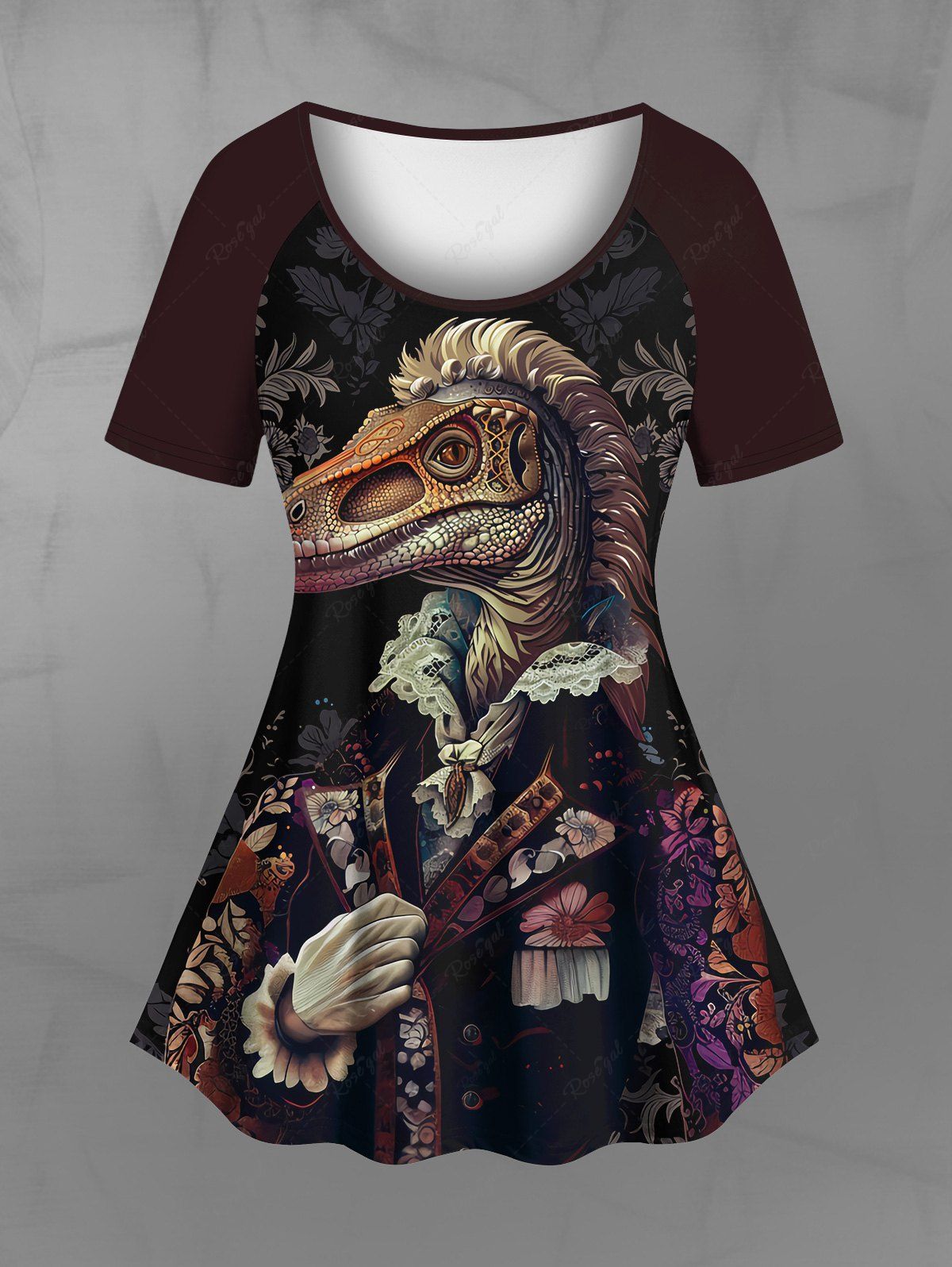 Gothic Raglan Sleeves Snake Horse Man Leaf Print T-shirt