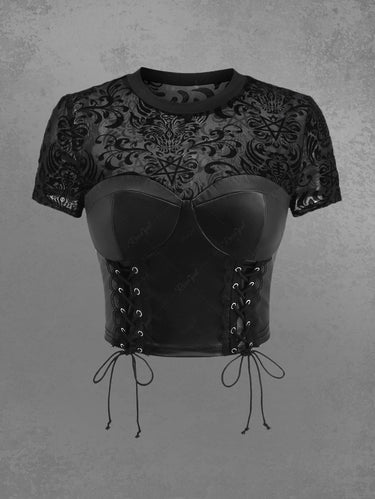 Gothic Vintage Floral Pentagram Mesh Flocking PU Panel Lace Up Cropped Patchwork Top(3 Days Delivery)