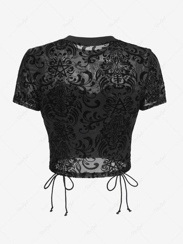 Gothic Vintage Floral Pentagram Mesh Flocking PU Panel Lace Up Cropped Patchwork Top(3 Days Delivery)