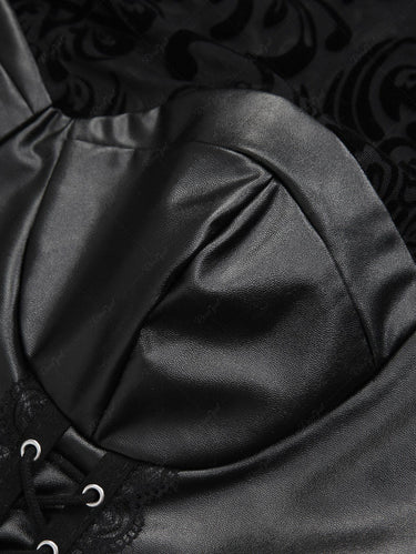 Gothic Vintage Floral Pentagram Mesh Flocking PU Panel Lace Up Cropped Patchwork Top(3 Days Delivery)