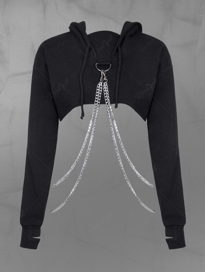 Gothic Chains Solid Color Drawstring Hooded Bolero Top