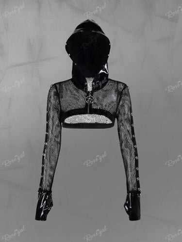 Gothic Plus Size Star Print Fishnet Patchwork Zip Up Hooded Bolero Top