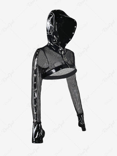 Gothic Plus Size Star Print Fishnet Patchwork Zip Up Hooded Bolero Top