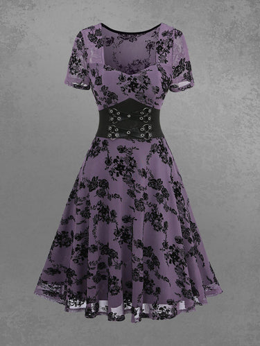 Gothic Rose Floral Mesh Flocking D-Ring PU Lace Up Grommet A Line Dress