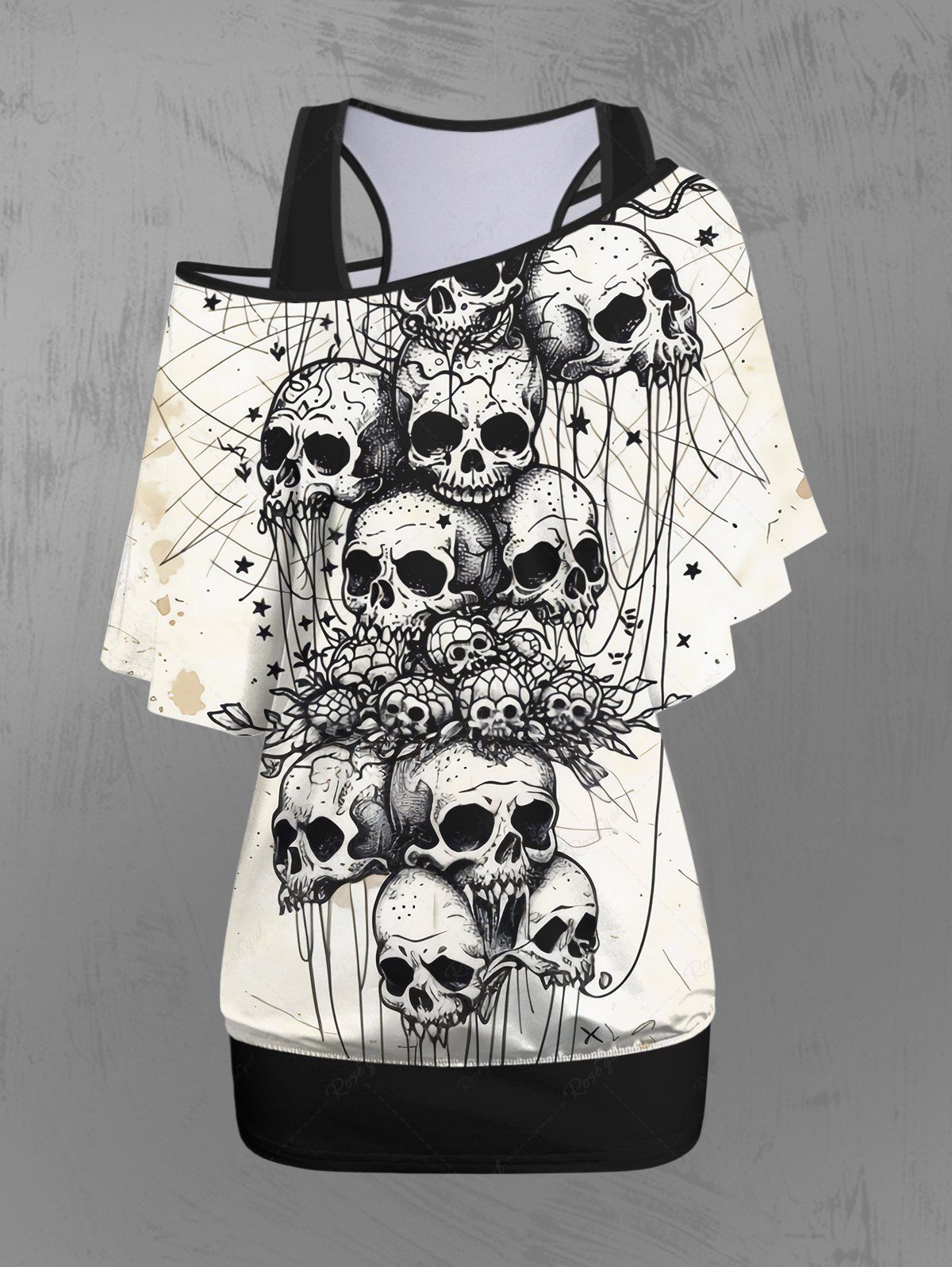 Gothic Solid Racerback Tank Top and Skew Neck Painting Splatter Skulls Floral Stars Print T-shirt Set