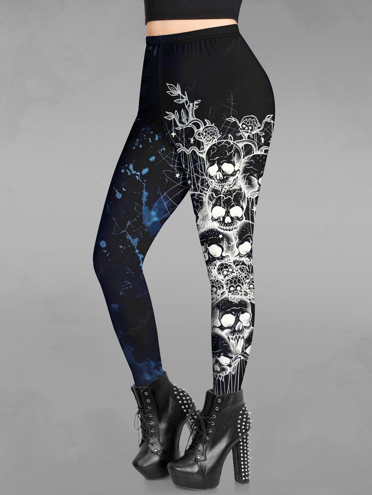 Gothic X-Ray Skulls Floral Branch Painting Splatter Print Skinny Leggings