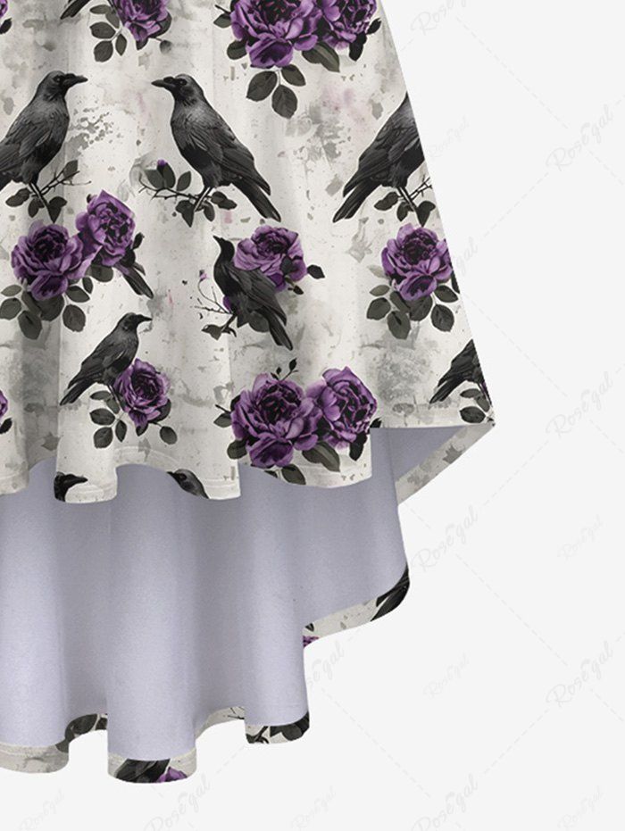 Gothic Flower Leaf Eagle Print High Low Backless Asymmetric A Line Dress