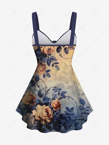 Gothic Plus Size Distressed Vintage Rose Flower Leaf Printed Ombre Cinched Backless Tank Top