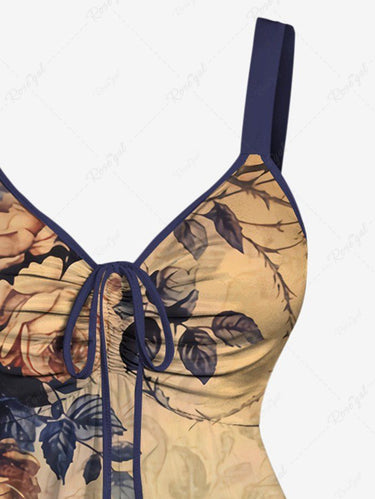 Gothic Plus Size Distressed Vintage Rose Flower Leaf Printed Ombre Cinched Backless Tank Top