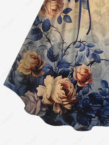 Gothic Plus Size Distressed Vintage Rose Flower Leaf Printed Ombre Cinched Backless Tank Top