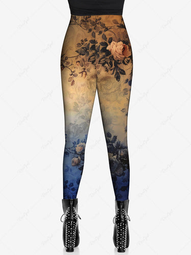 Gothic Plus Size Vintage Distressed Rose Flower Leaf Print Ombre Skinny Leggings