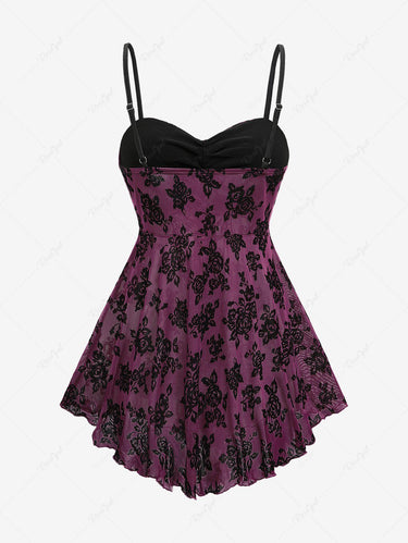 Gothic Floral Mesh Flocking Bowknot Tied Peplum Hem Asymmetric Cami Top(Adjustable Shoulder Strap)