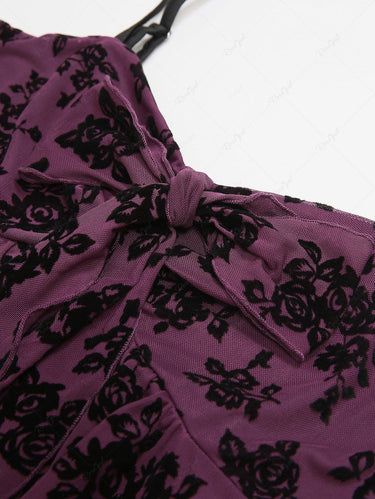 Gothic Floral Mesh Flocking Bowknot Tied Peplum Hem Asymmetric Cami Top(Adjustable Shoulder Strap)
