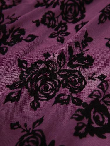 Gothic Floral Mesh Flocking Bowknot Tied Peplum Hem Asymmetric Cami Top(Adjustable Shoulder Strap)