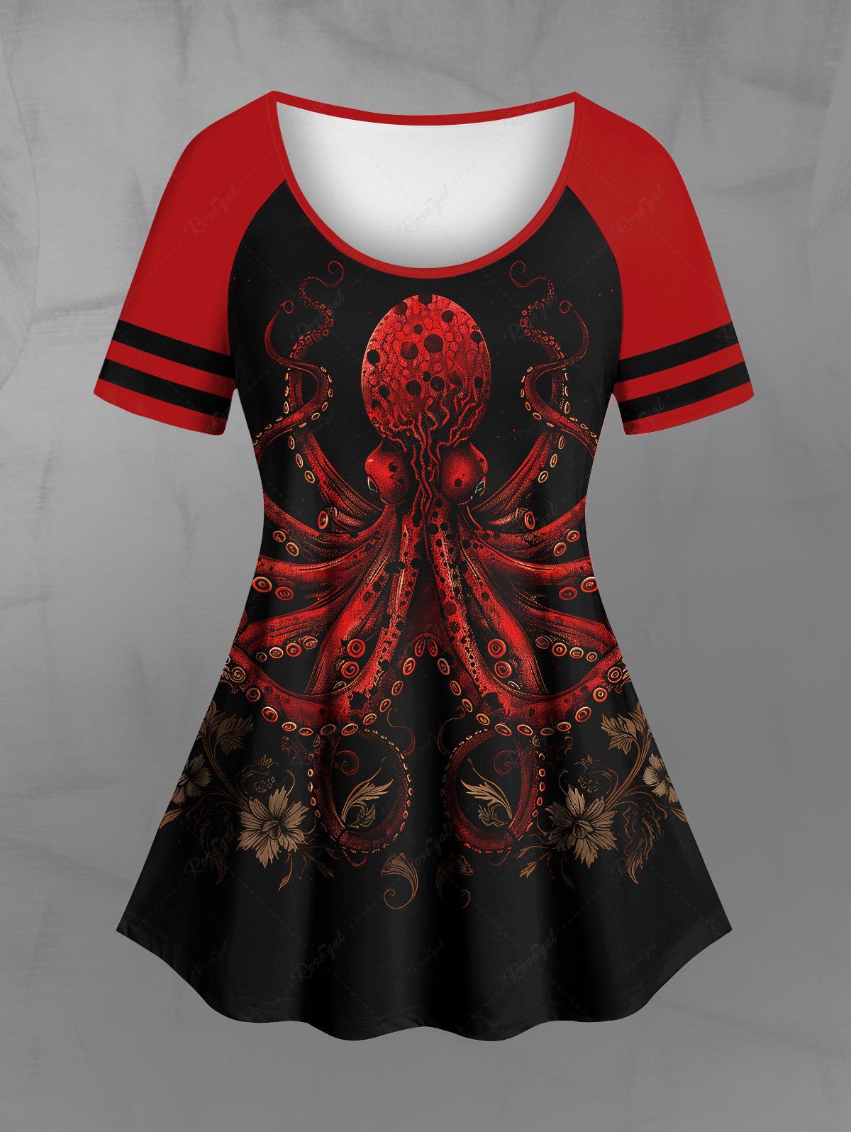 Gothic Striped Raglan Sleeve Octopus Floral Print T-shirt