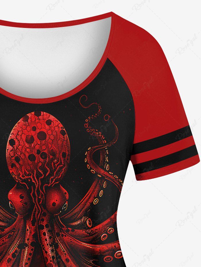 Gothic Striped Raglan Sleeve Octopus Floral Print T-shirt