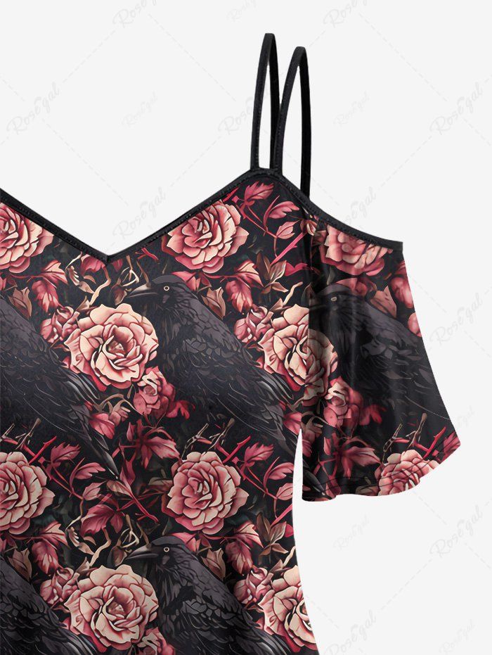 Gothic Cold Shoulder Eagle Rose Flower Print Cami T-shirt