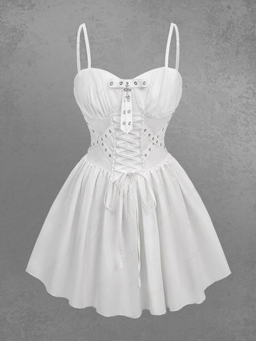 Gothic Plus Size Lace Up Crossover Grommet Ruched Solid A Line Cami Dress