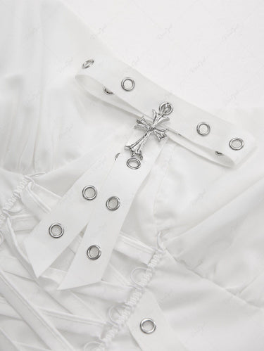 Gothic Plus Size Lace Up Crossover Grommet Ruched Solid A Line Cami Dress