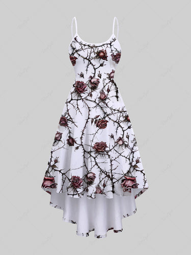 Gothic Plus Size Vine Rose Flower Print High Low Asymmetric Backless A Line Cami Dress