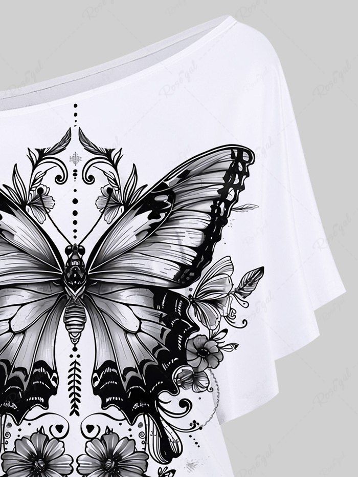 Gothic Skew Neck Batwing Sleeves Butterfly Flower Print T-shirt