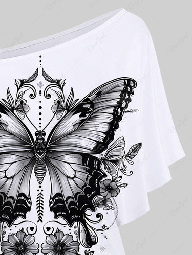 Gothic Plus Size Skew Neck Batwing Sleeves Butterfly Flower Print T-shirt