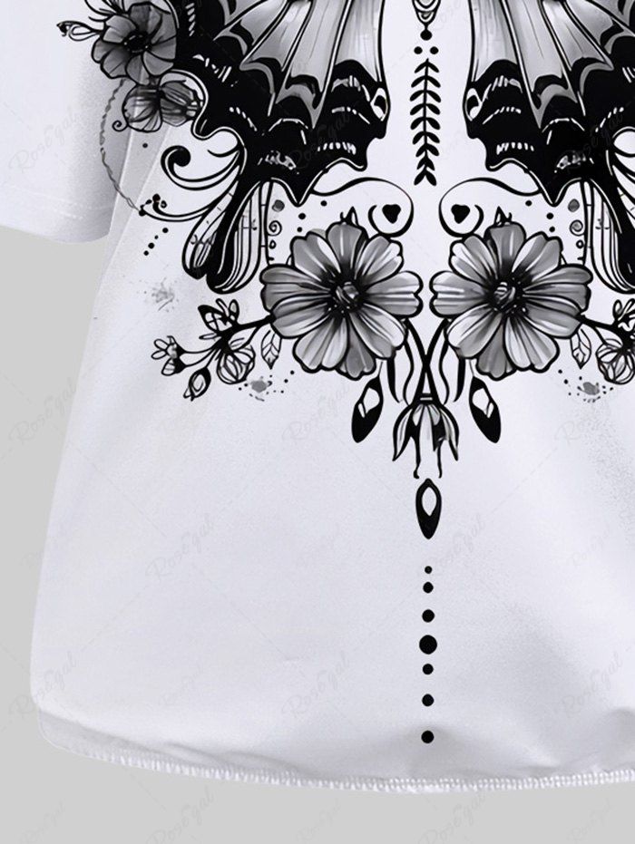 Gothic Skew Neck Batwing Sleeves Butterfly Flower Print T-shirt