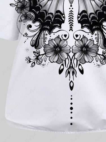 Gothic Plus Size Skew Neck Batwing Sleeves Butterfly Flower Print T-shirt