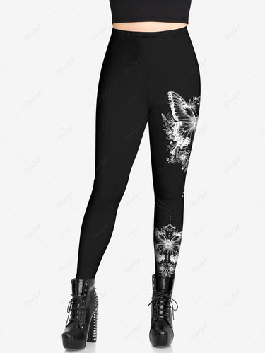 Gothic Plus Size Butterfly Flower Print Skinny Leggings