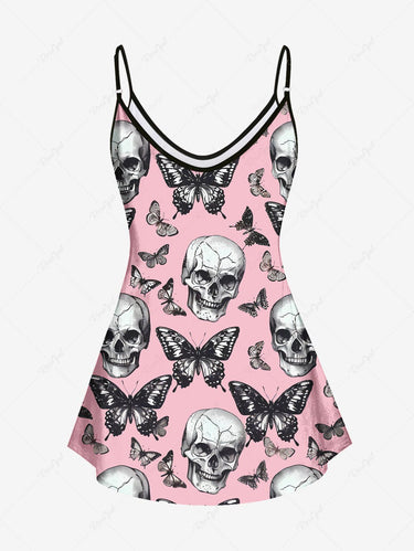 Gothic Plus Size Skulls Butterfly Print Cami Top(Adjustable Shoulder Strap)