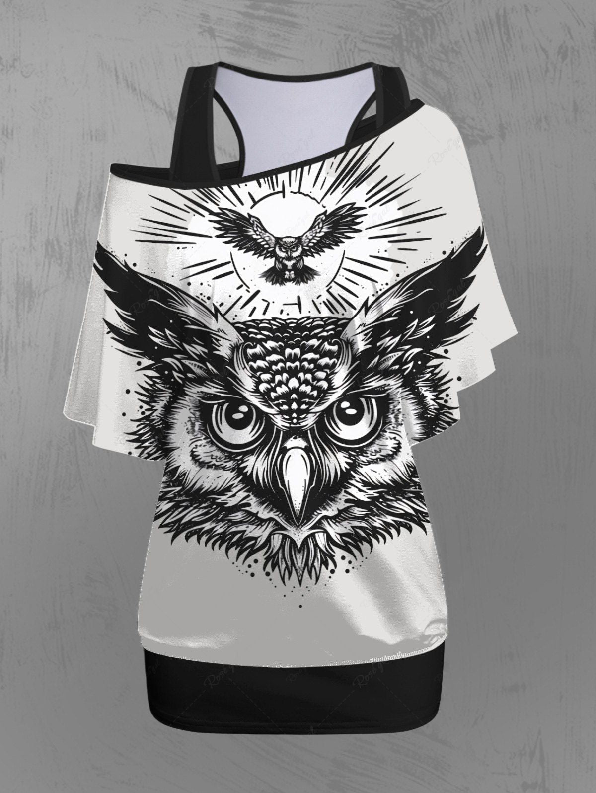 Gothic Basic Solid Racerback Tank Top and Owl Sun Print Skew Neck Batwing Sleeves T-shirt Set