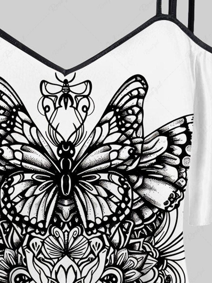 Gothic Cold Shoulder Skull Butterfly Crown Print Cami T-shirt