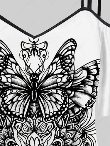 Gothic Plus Size Cold Shoulder Skull Butterfly Crown Print Cami T-shirt