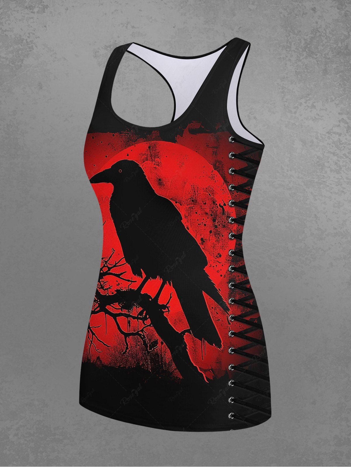 Gothic Ink Painting Tree Branch Eagle Moon Print Ombre Racerback Tank Top