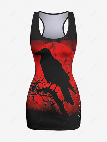 Gothic Plus Size Ink Painting Tree Branch Eagle Moon Print Ombre Racerback Tank Top