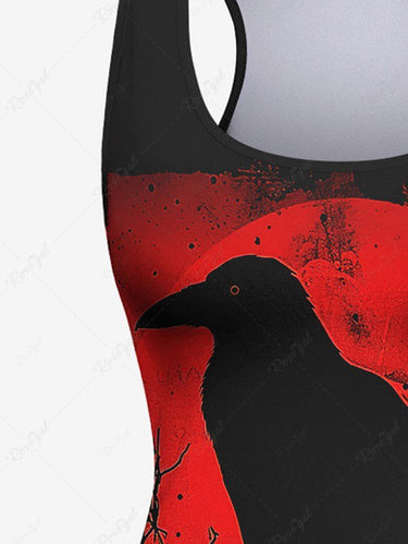 Gothic Plus Size Ink Painting Tree Branch Eagle Moon Print Ombre Racerback Tank Top