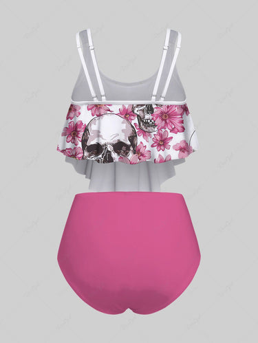 Gothic Plus Size Skulls Floral Print Peplum Hem Backless High Waisted Tankini Swimsuit (Adjustable Shoulder Strap)