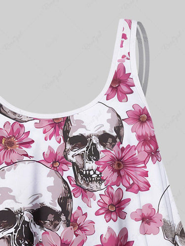Gothic Plus Size Skulls Floral Print Peplum Hem Backless High Waisted Tankini Swimsuit (Adjustable Shoulder Strap)