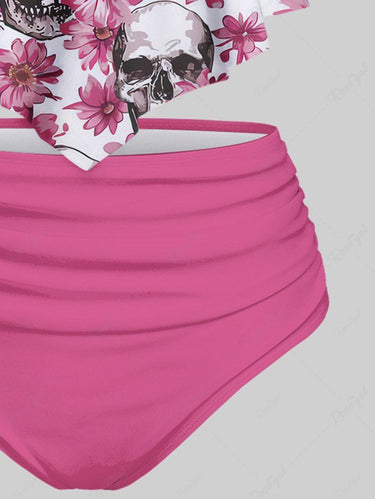 Gothic Plus Size Skulls Floral Print Peplum Hem Backless High Waisted Tankini Swimsuit (Adjustable Shoulder Strap)