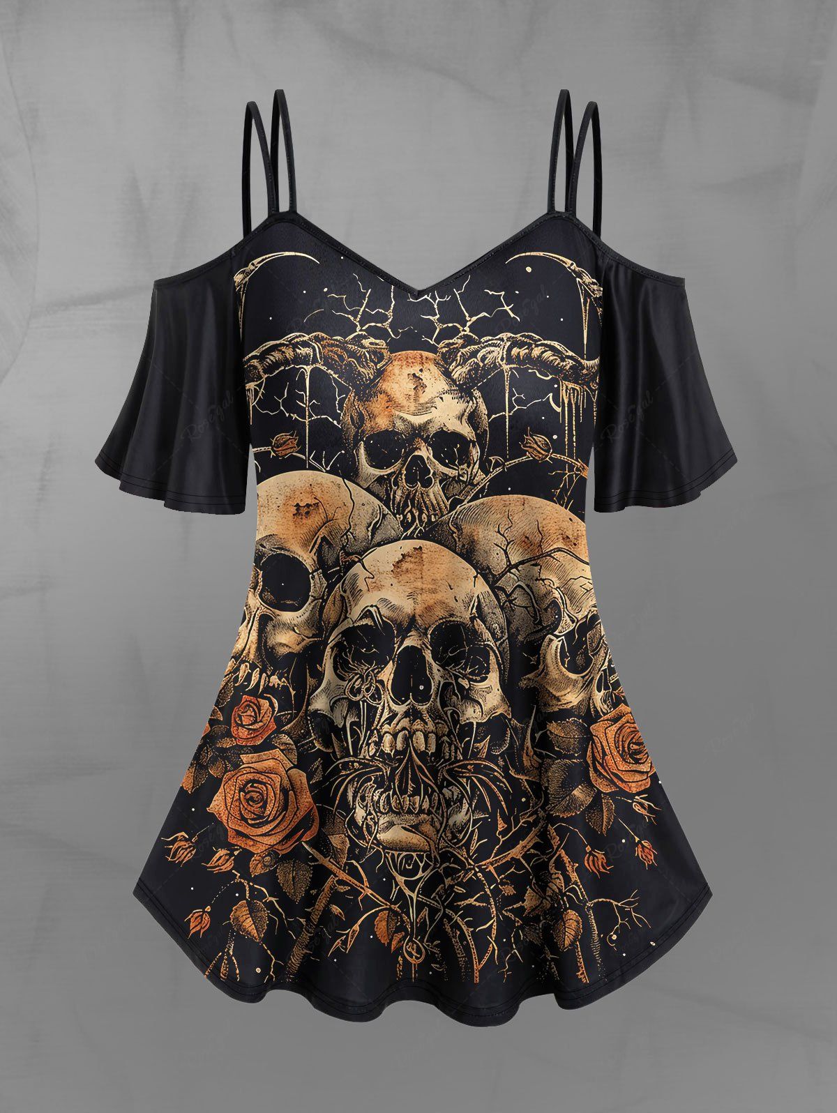 Gothic Cold Shoulder Distressed Skulls Rose Flower Horn Print Cami T-shirt